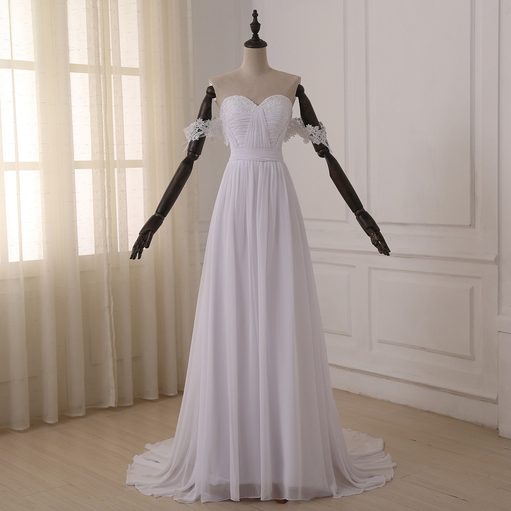 New Arrival A Line White Chiffon Ruffle Bohemain China Wedding Dress off Shoulder Beach Wedidng Gowns 