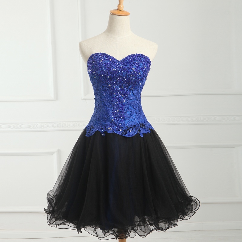 Blue Lace Beaded Short Homecoming Dress A Line Black Tulle Prom Party Gowns , Short Party Gowns 2019 
