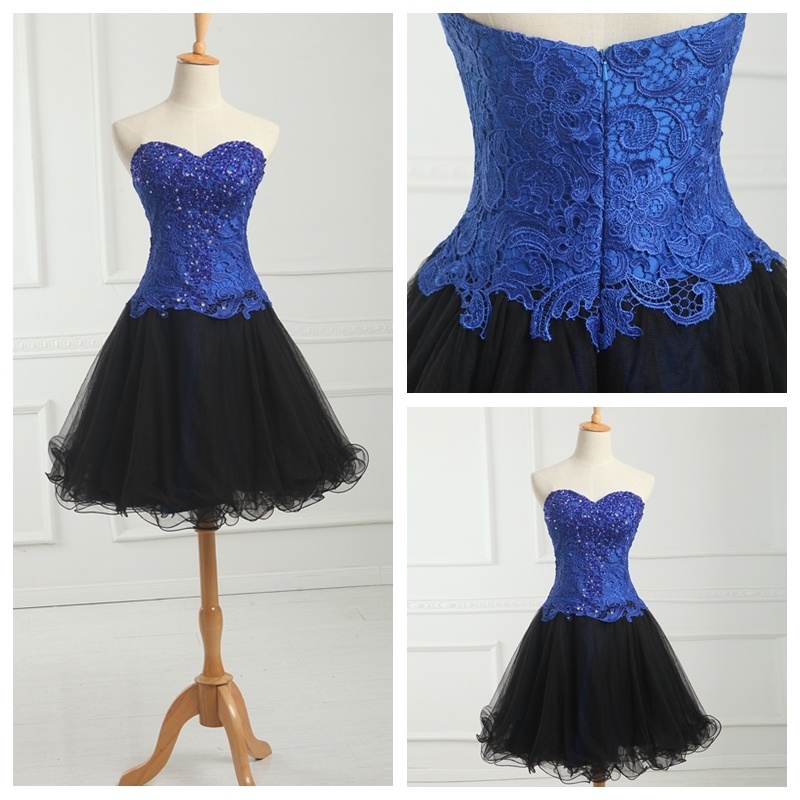 Blue Tulle Round Neckline Beaded Short Homecoming Dress, Lace Applique Cute Prom Dress