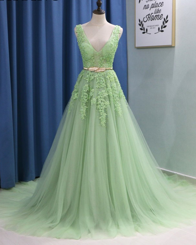 Sexy V-neck Mint Green Tulle Lace Appliqued Long Prom Dress Floor Length Prom Party Gowns , Prom Gowns 2019