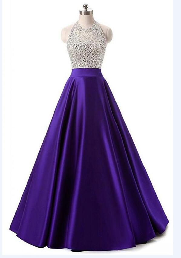 Sexy Halter Beaded Corset Purple Satin Long Prom Dress, Custom Made Prom Party Gowns