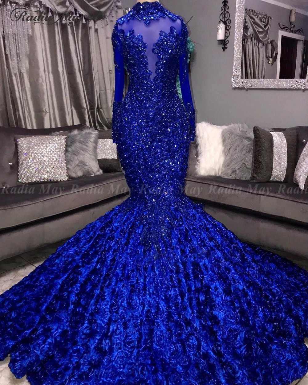 Royal Blue Beaded Sequin Mermaid Prom Dress With Long Sleeve 3 D Flowers High Neck Women Evening Dress, Formal Evening Gowns 2019