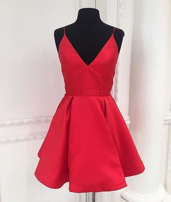 Red Satin V-neck Short Homecoming Dress Simple Mini Prom Gowns , Short Cocktail Dress