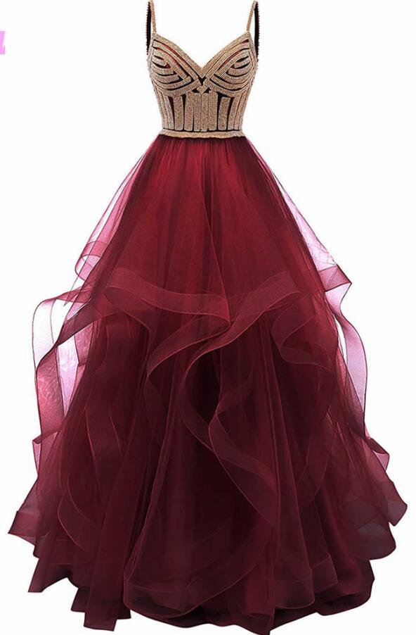 Charming Sexy Burgundy Tulle Long Prom Dress Custom Made Women Pageant Gowns , Plus Size Wedding Party Gowns