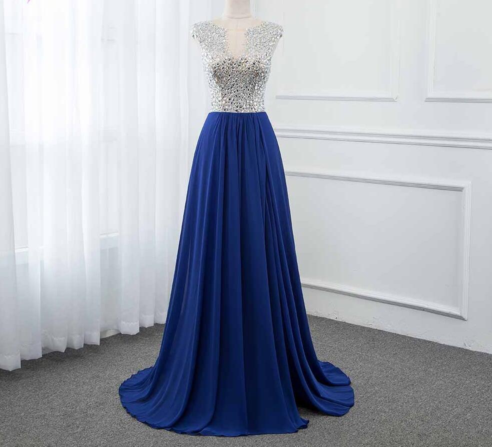 Charming Beaded Crystal Royal Blue Chiffon Prom Dress Sheer Neck Women Party Gowns Plus Size Prom Gowns