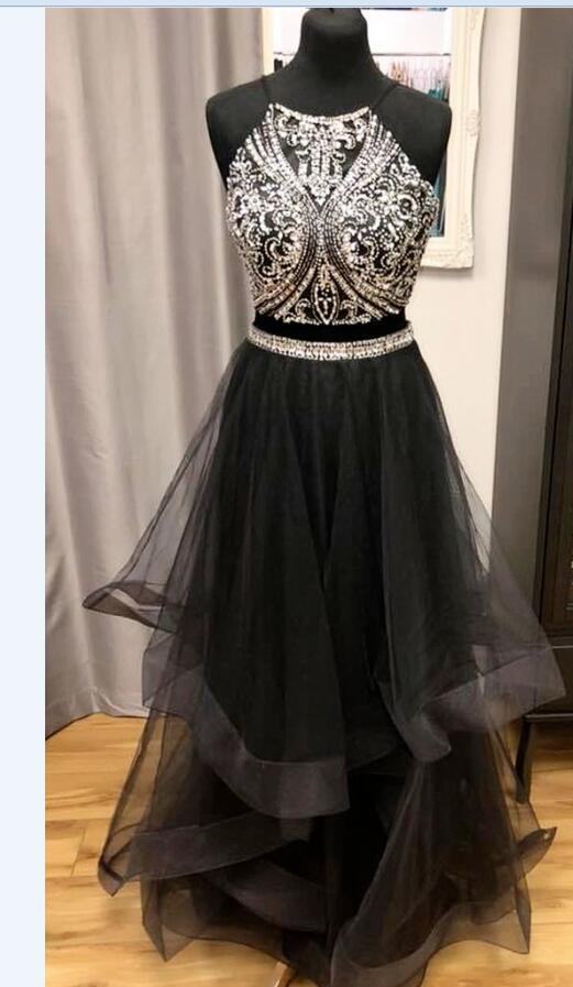 Charming Black Beaded Two Pieces Long Prom Dress, A Line Prom Party Gowns ,formal Evening Gowns 2020