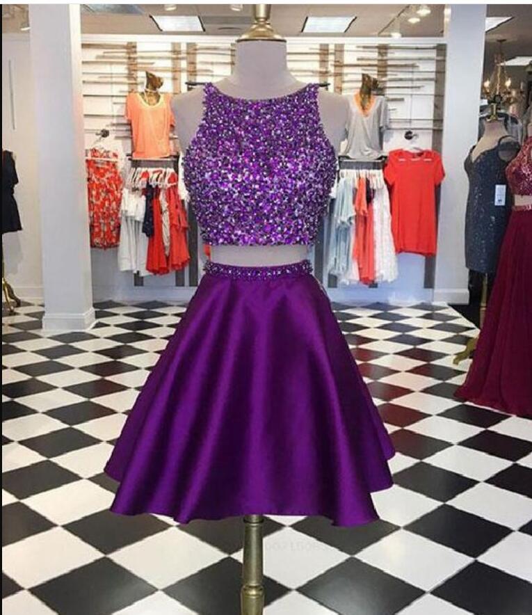 Two Pieces Purple Satin Short Homecoming Dress ,a Line Short Cocktail Party Gowns ,plus Size Homecoming Party Gowns