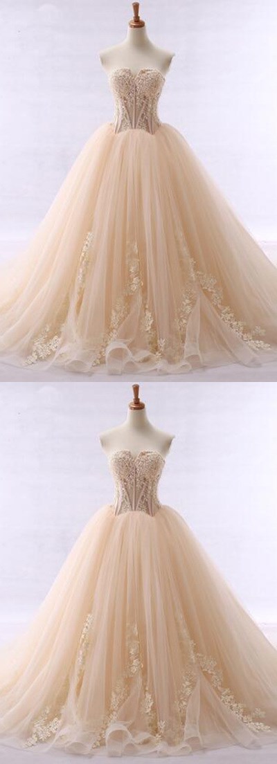 Champagne Lace Ball Gown Quiceanera Dresses Sweet 16 Prom Party Gowns Appliqued Evening Gowns 2020