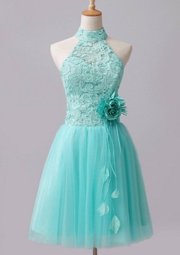 Mint Green Tulle Lace High Neck Short Homecoming Dress A Line Strapless Short Cocktail Party Gowns 2020