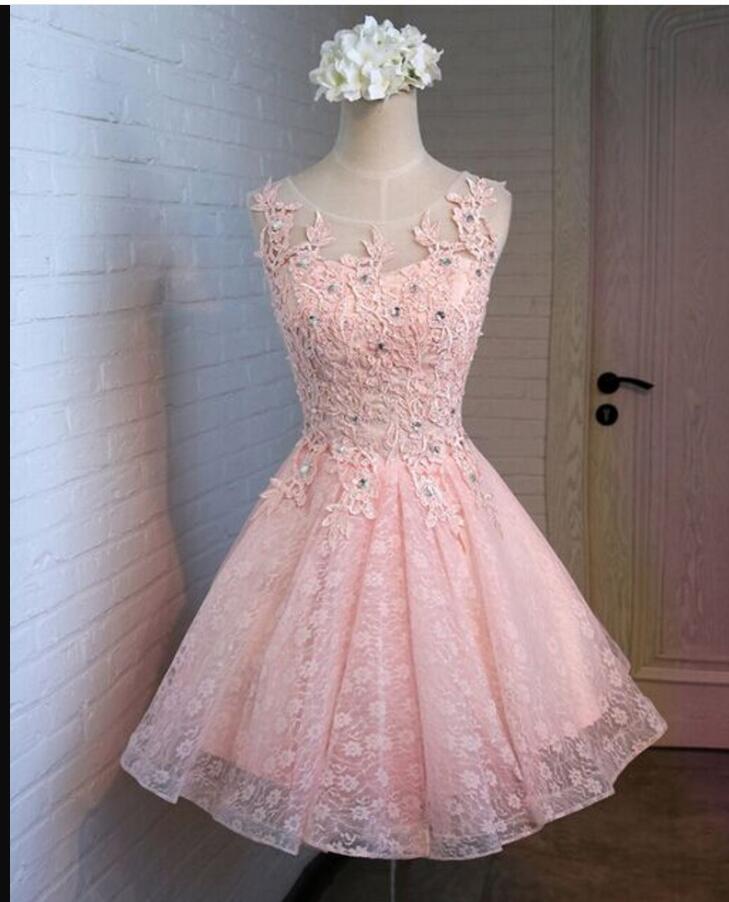 Pink Tulle Lace Beaded Short Homecoming Dress, Tulle Prom Gowns