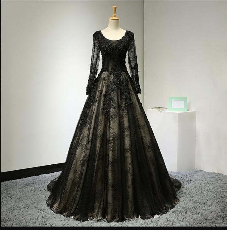 Charming Black Tulle A Line Evening Dress With Long Sleeve Custom Made Prom Gowns Plus Size Women Gowns