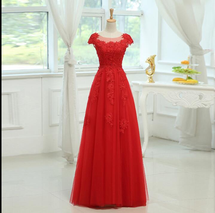 Red Lace Appliqued Long Prom Dress Sheer Neck Women Party Gowns Plus Size Evening Dress 2020