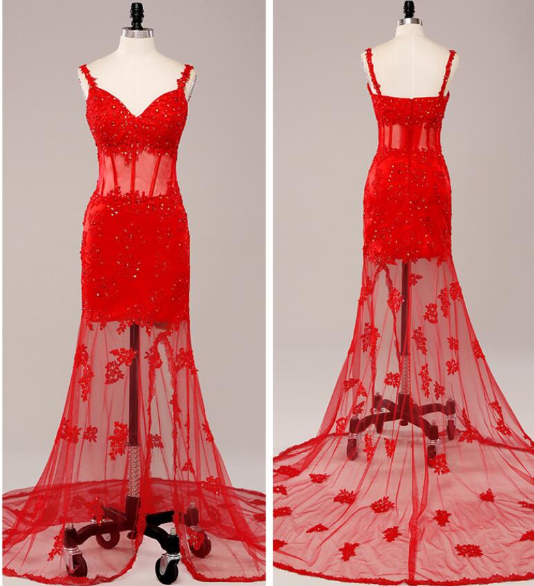 Red Spaghetti Strap Long Prom Dress Beaded With Appliqued Women Party Gowns ,custom Made Wedding Party Gowns