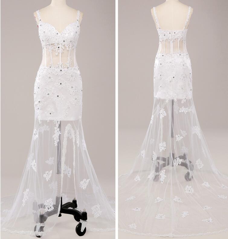 Sexy White Lace Formal Evening Dress Custom Made Women Gowns , Wedding Evening Dress Long