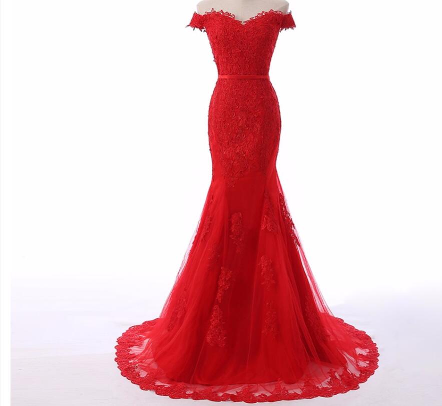 Fashion Red Lace Mermaid Tulle Women Evening Dress Strapless Long Prom Party Gowns