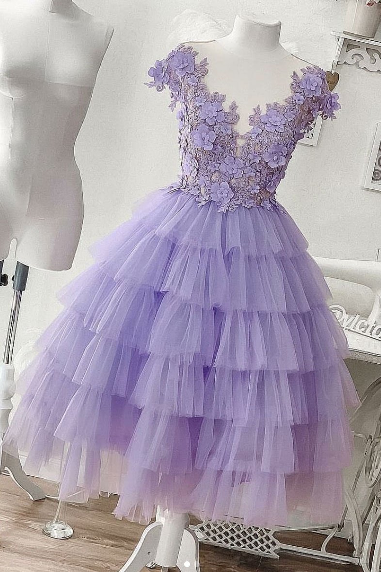 Custom Made Sexy Light Lavender Tulle Sheer Neck Short Homecoming Dress ,short Cocktail Gowns
