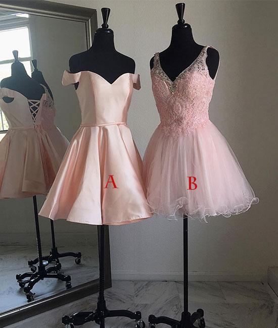 Pink Satin Short Bridesmaid Dress, Mini Homecoming Gowns , Short Wedding Party Gowns