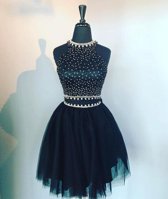 Charming Two Pieces Black Beaded Short Homecoming Dress, Short Cocktail Gowns , Mini Party Dress 2020