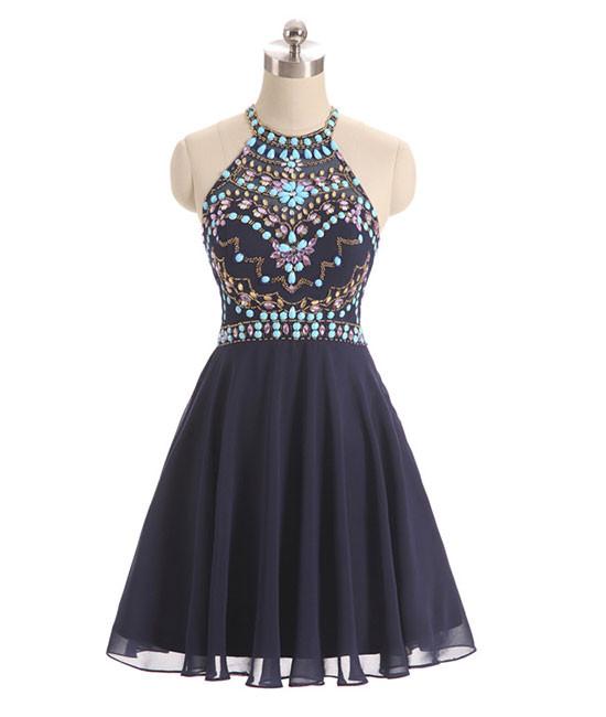 Sexy Halter Beaded Navy Blue Short Homecoming Dress Off Shoulder Women Party Gowns , Mini Wedding Guest Gowns