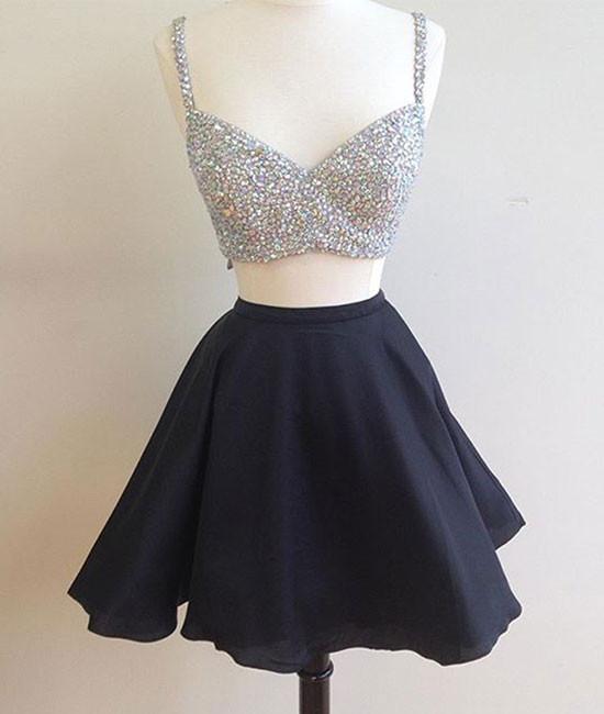 Sexy A Line Two Pieces Black Satin Short Homecoming Dress Custom Made Mini Party Gowns , Short Cocktail Gowns 2020
