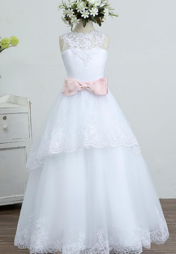 White Tulle A Line Flower Girls Dress First Communion Dress With Pink Bow Wedding Little Girl Gowns