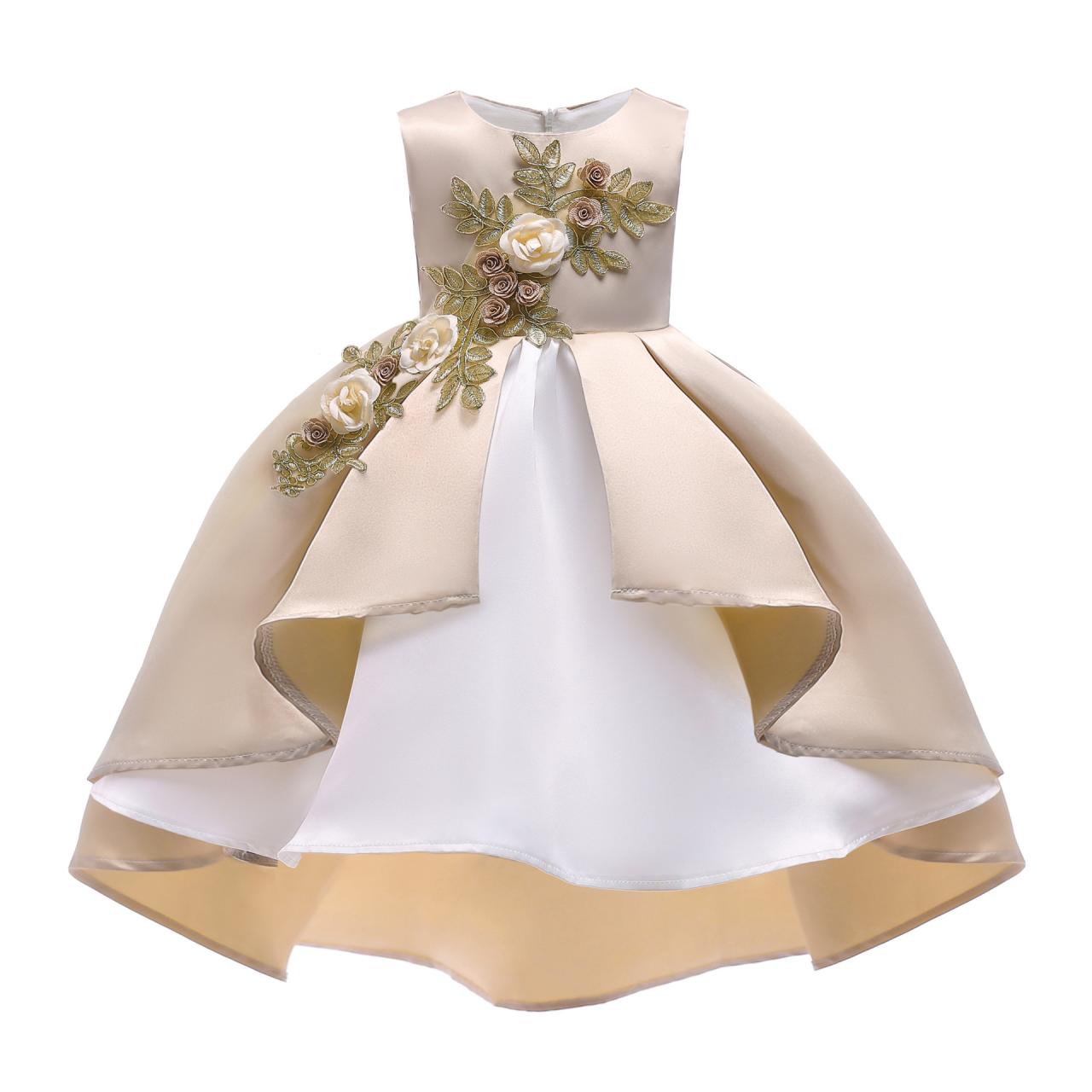 Cute Champagne Satin Short Prom Dress Ball Gown Embroidery Lace Communion Party Gowns Kids Party Gowns