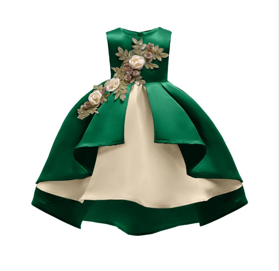 Cute Green Satin Short Prom Dress Ball Gown Embroidery Lace Communion Party Gowns Kids Party Gowns
