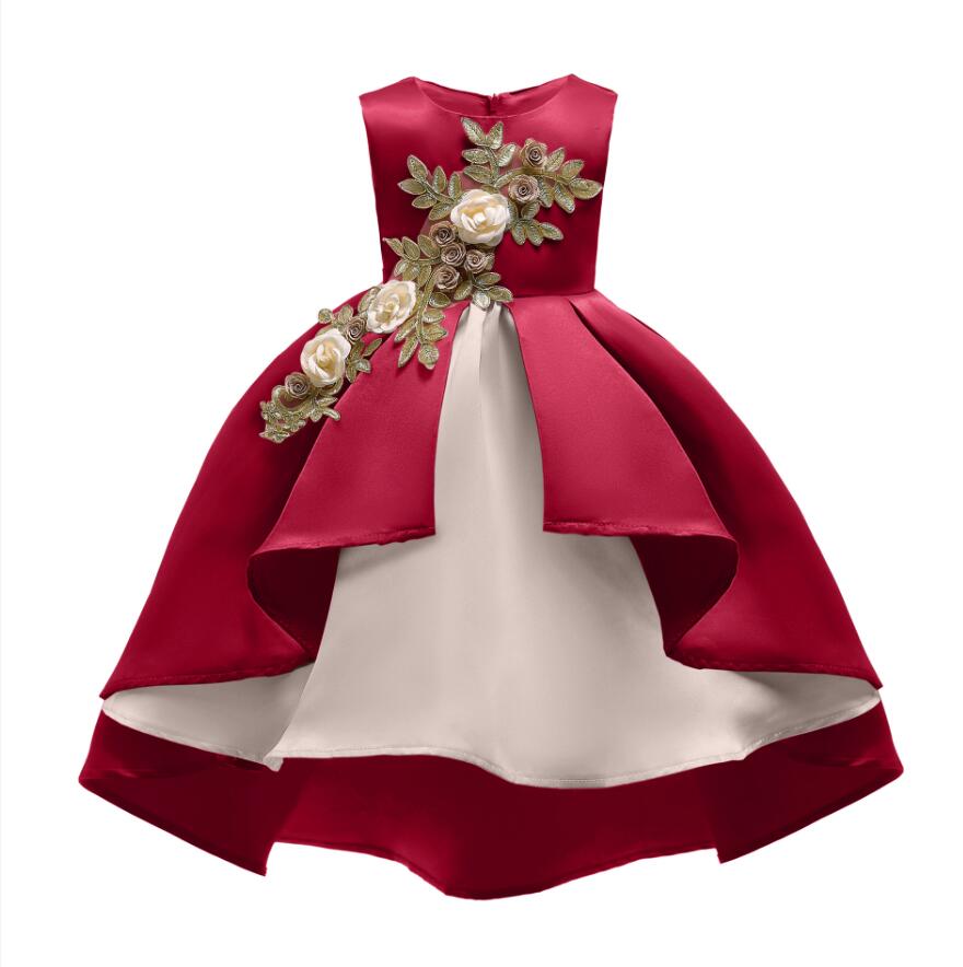 Cute Red Satin Short Prom Dress Ball Gown Embroidery Lace Communion Party Gowns Kids Party Gowns