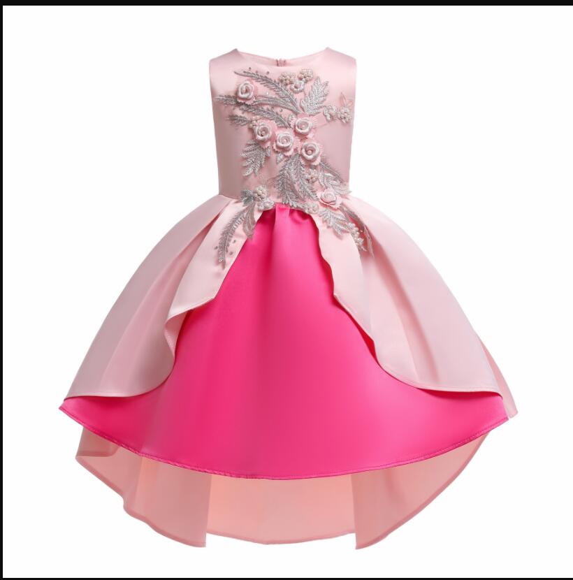 Cute Pink Satin Short Prom Dress Ball Gown Embroidery Lace Communion Party Gowns Kids Party Gowns