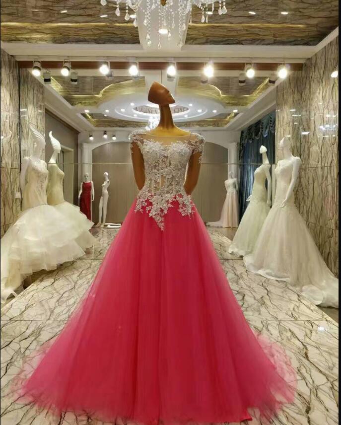Charming A Line Crew-neck Fuchsia Tulle Formal Evening Dress Women Party Gowns Custom Made Lace Prom Party Gowns
