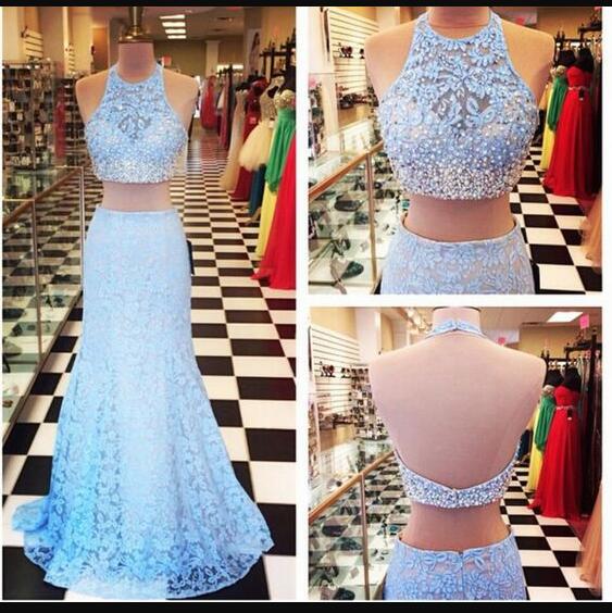 Stunning Light Blue Two Pieces Prom Dresses Custom Made Prom Party Gowns ,2 Pieces Beaded Pageant Gowns