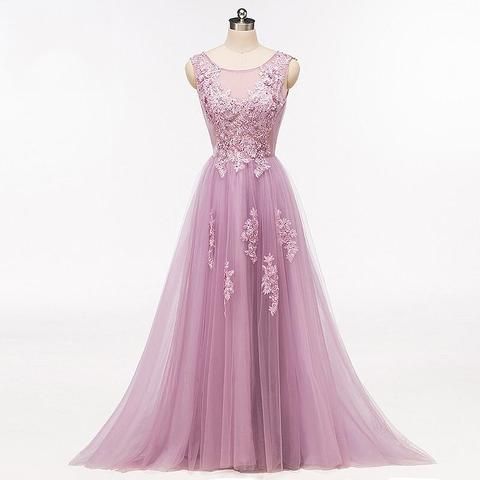 Custom Made A Line Long Prom Dress Light Purple Tulle Lace Prom Party Gowns , Wedding Party Gowns 2020