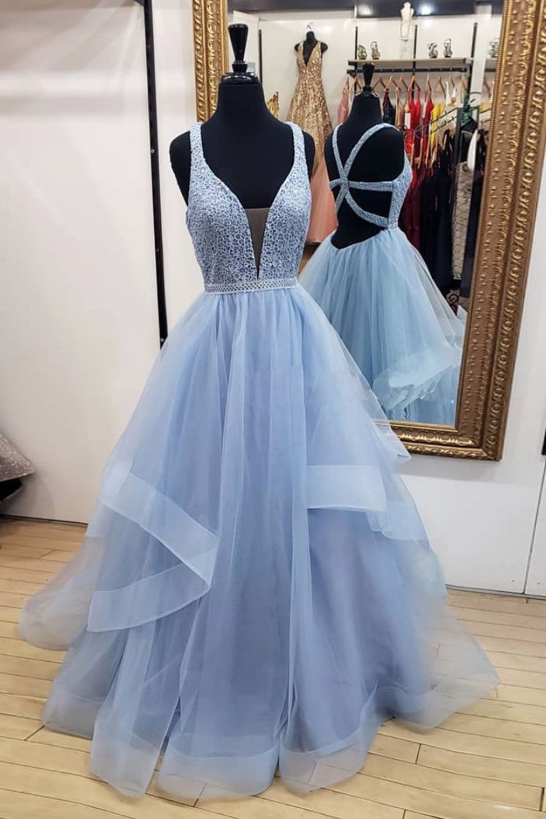 Sexy Backless Light Blue Tulle Beaded Long Prom Dress A Line Women Party Gowns Plus Size Prom Gowns 2020