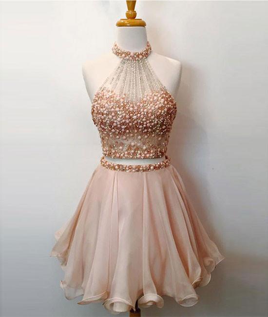Sexy Halter Beaded Short Homecoming Dress Two Pieces Prom Party Gowns , Short Cocktail Dress