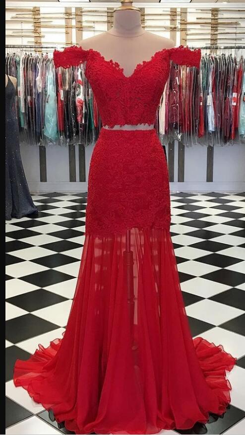Red Two Pieces Lace Prom Dress A Line Wedding Party Gowns , 2 Pieces Prom Gowns