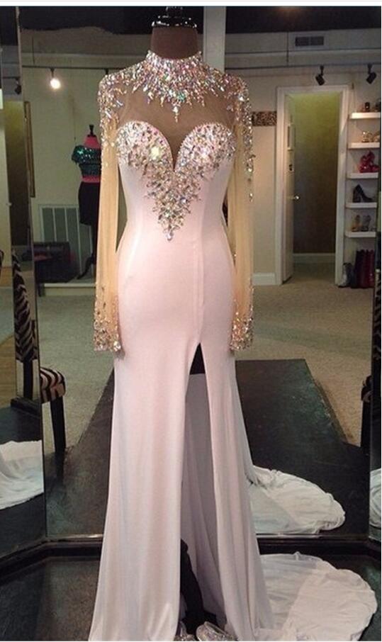 Charming High Neck Beaded Sheath Arabic Prom Dresses Custom Made Prom Gowns With Side Split ,formal Evening Gowns 2020