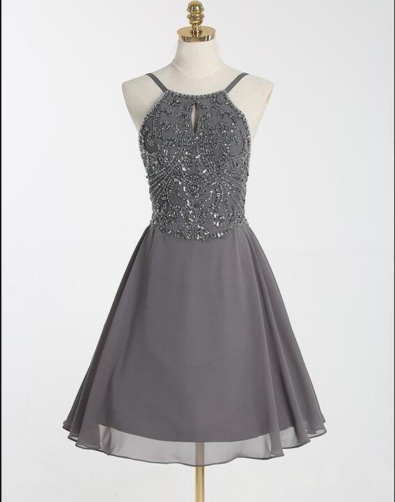Gray Chiffon Beaded Short Homecoming Dress Above Length Prom Party Gowns Custom Made Cocktail Gowns