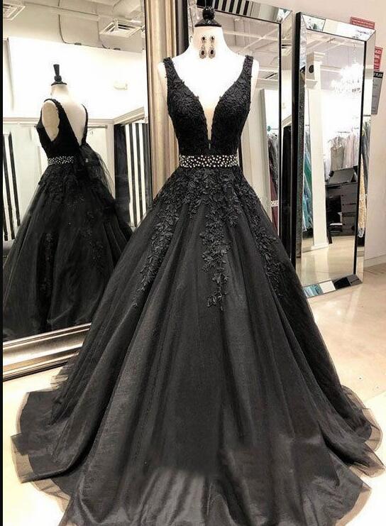 Charming Black Tulle Lace Prom Dresses Crew-neck Women Party Gowns Plus Size A Line Formal Gowns