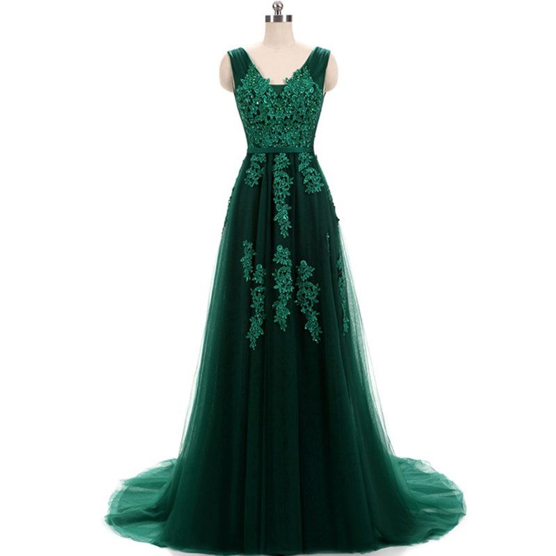 Sexy A Line Green Tulle Lace Prom Dress Off Shoulder Long Prom Dresses With Appliqued ,formal Evening Dress 2020