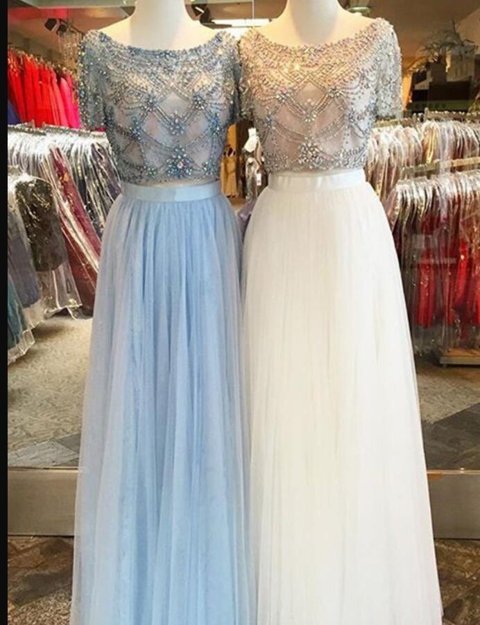 Two Pieces Beaded Light Sky Blue Tulle Long Prom Dresses Custom Made Prom Party Gowns 2020,formal Evening Dress