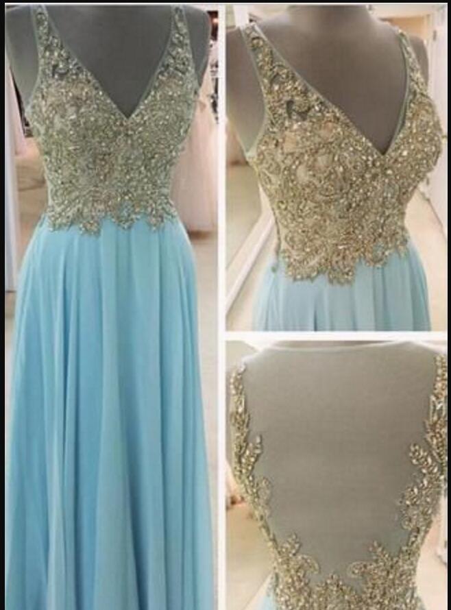 Sexy V-neck Sky Blue Chiffon Formal Evening Dress A Line Prom Gowns Plus Size Women Gowns With Appliqued Beaded
