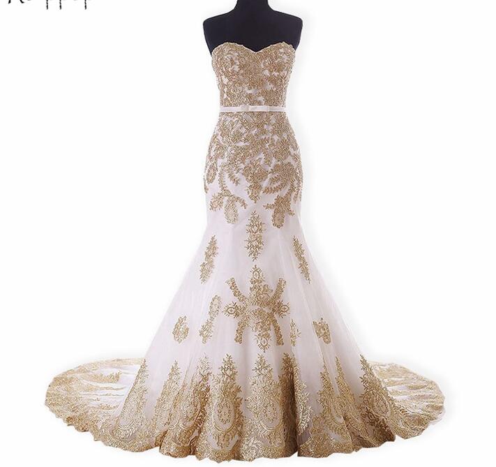 White Tulle Mermaid Prom Dress With Gold Lace Appliqued Women Wedding Dresses, Arabice Evening Gowns