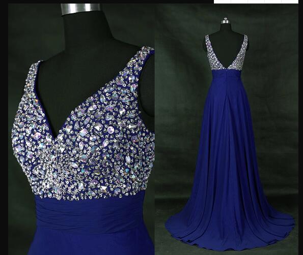 V-neck Royal Blue Beaded Royal Blue Chiffon Prom Dress Charming A Line Prom Party Gowns , Long Bridesmaid Dress