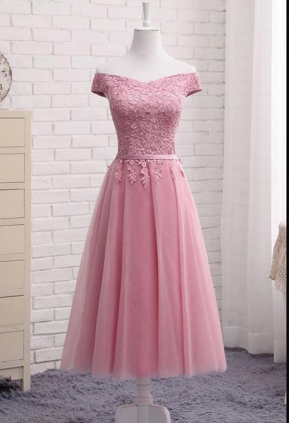 A Line Tea Length Pink Tulle Lace Homecoming Dress Lace Up Short Prom Party Gowns ,wedding Guest Gowns