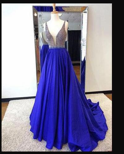 Charming Royal Blue Beaded A Line Long Prom Dresses Plus Size Women Party Gowns , Formal Evening Dress 2020