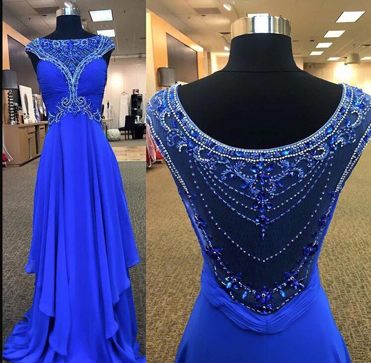 Charming A Line Royal Blue Chiffon Beaded Crystal Formal Evening Dress Scoop Neck Long Prom Dress