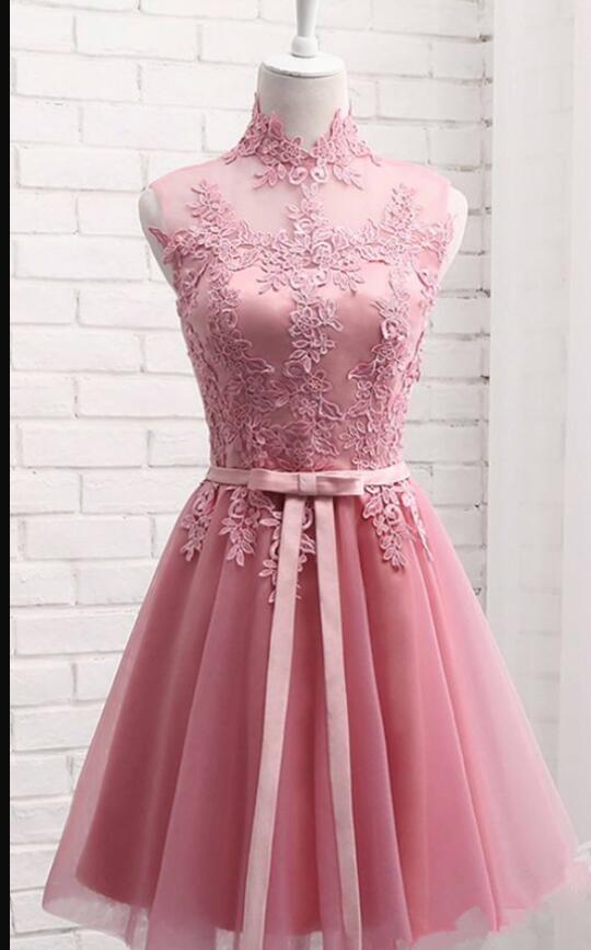 Off Shoulder Pink Tulle High Neck Short Homecoming Dress Above Length Mini Prom Party Gowns ,junior Party Dress