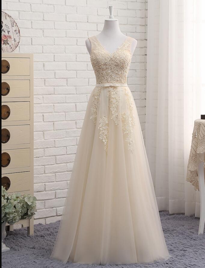 V-neck Simple A Line Lace Prom Dress Light Champagne Tulle Women Party Gowns Plus Size Formal Evening Dress