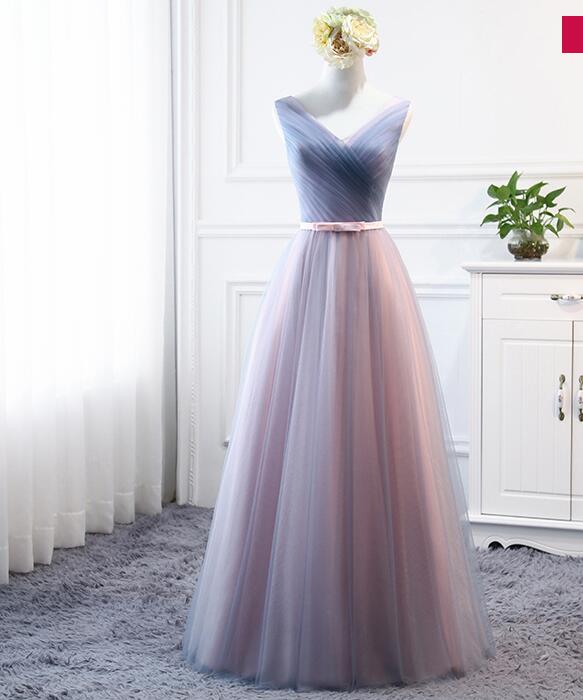 Simple V-neck Long Prom Dress Ruffle Prom Party Gowns Custom Made Evening Dress, Wedding Party Gowns