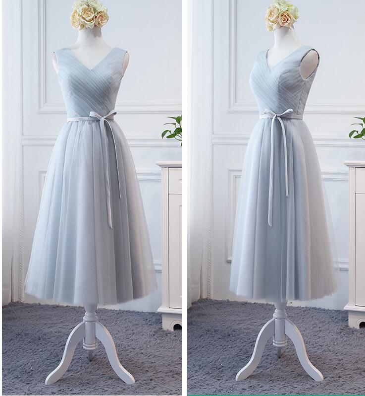 Simple Silver Tulle Ruffle Tea Length Bridesmaid Dress V-neck Plus Size Wedding Party Gowns
